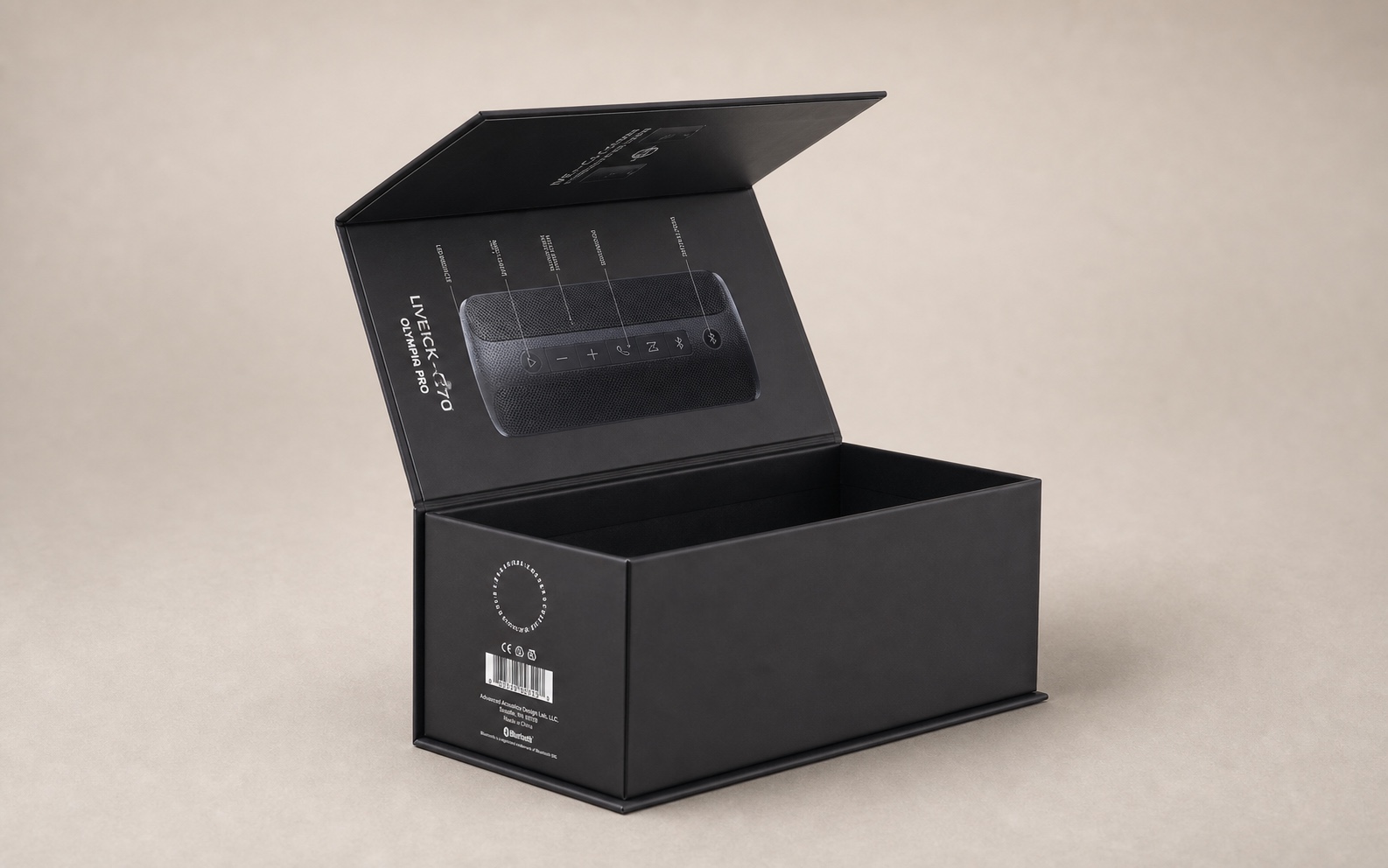 Open black book-style rigid box with hinged lid