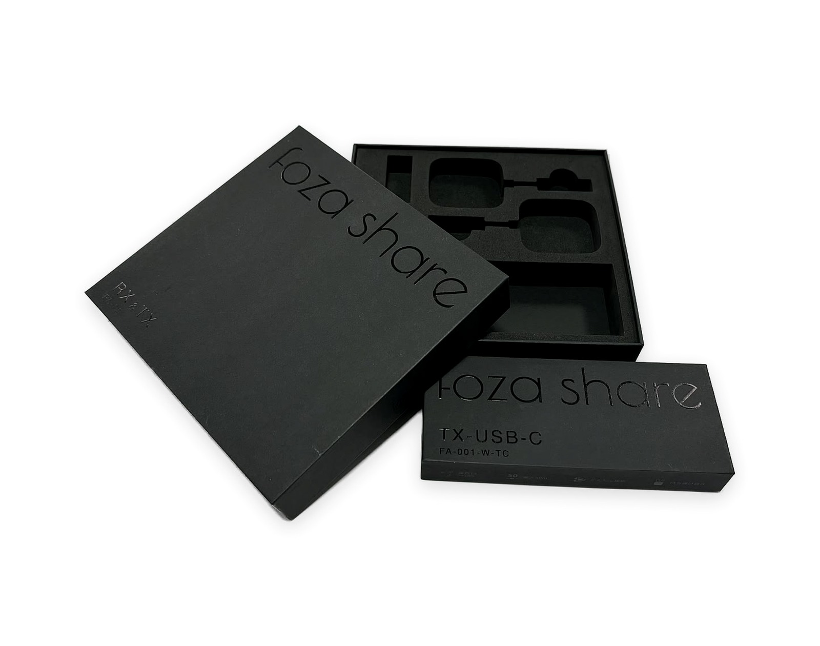 Black rigid paper box with custom insert layout