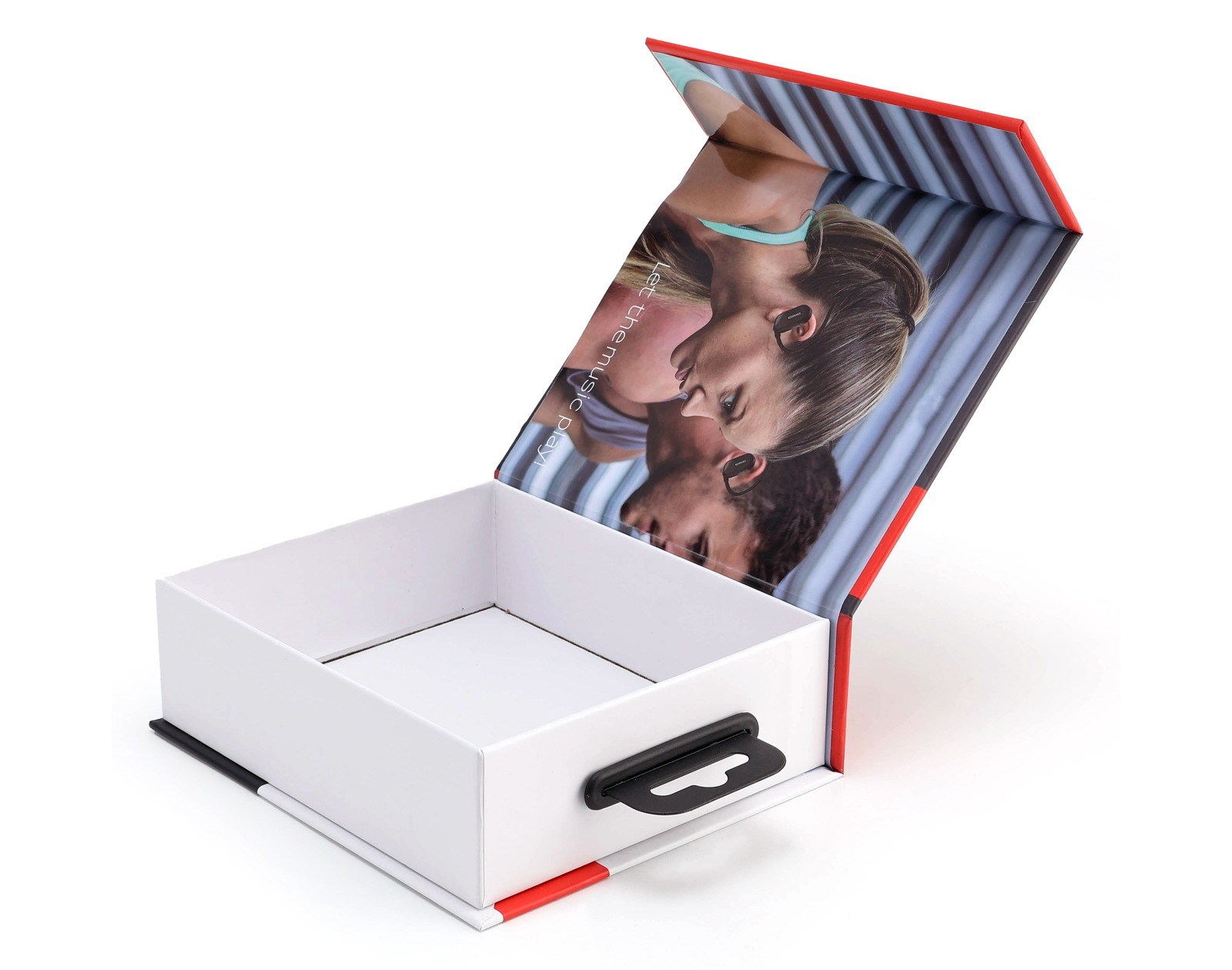 Open white and red book-style rigid paper box for retail packaging