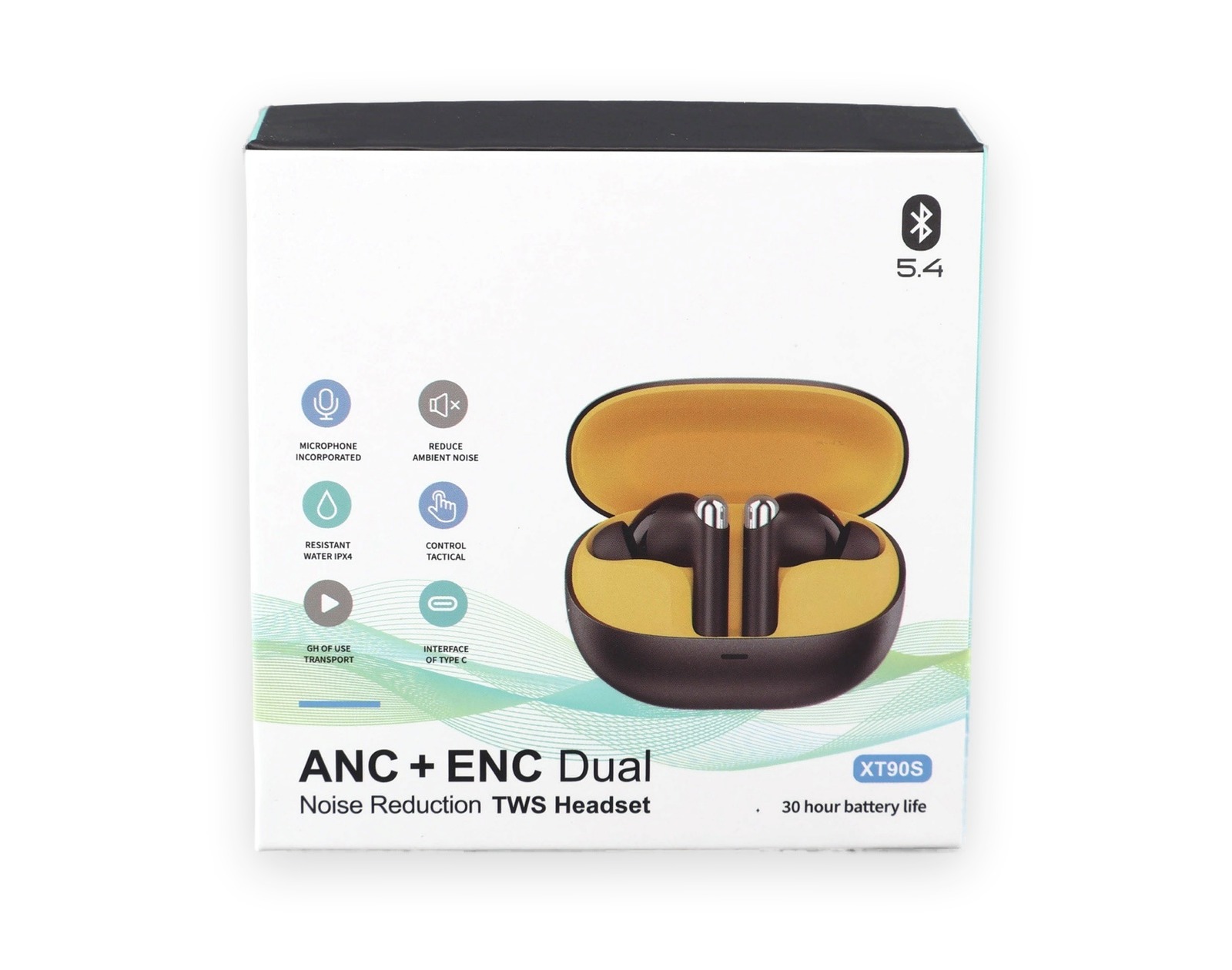 Wireless earbuds lid and base packaging front view