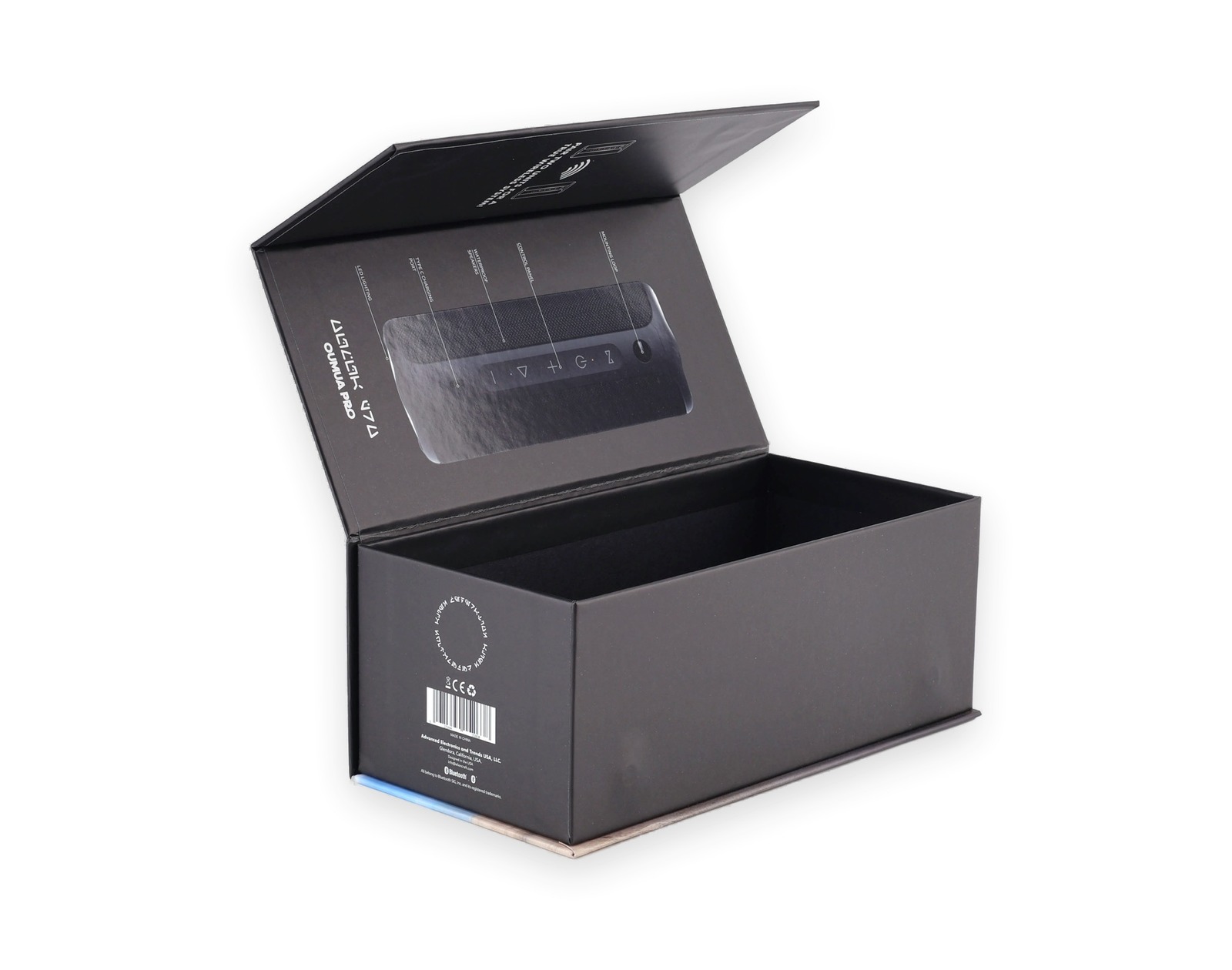 Open book-style magnetic rigid box for consumer goods packaging