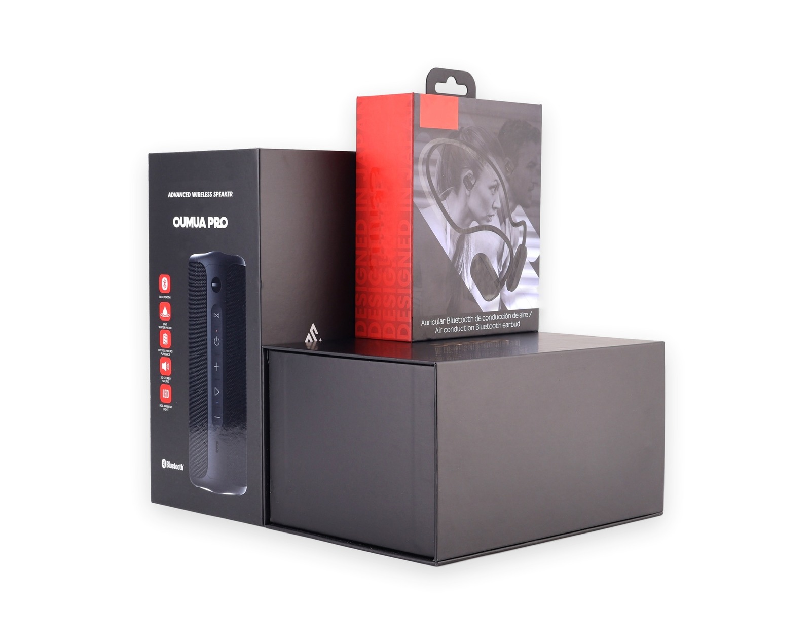 Consumer goods paper packaging set with rigid box and retail cartons
