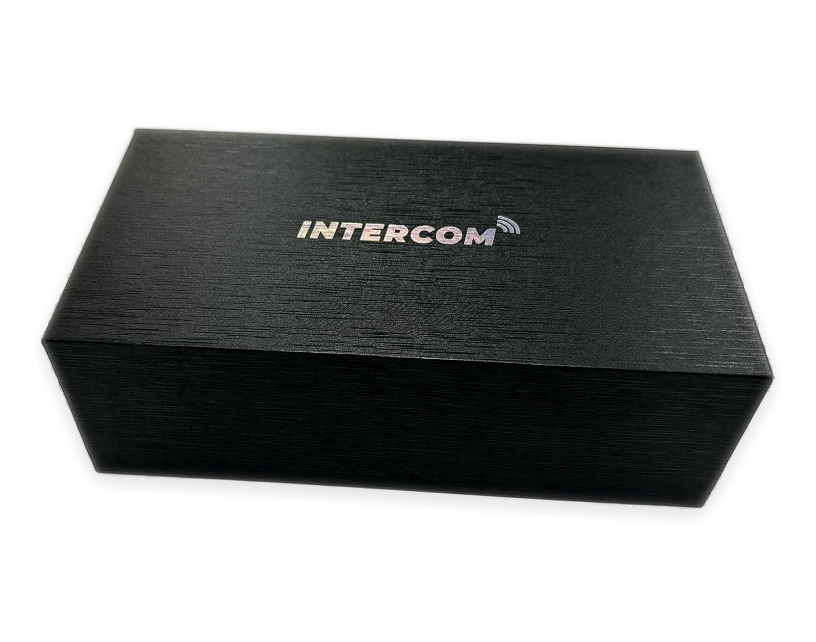 Closed black textured rigid paper box with logo