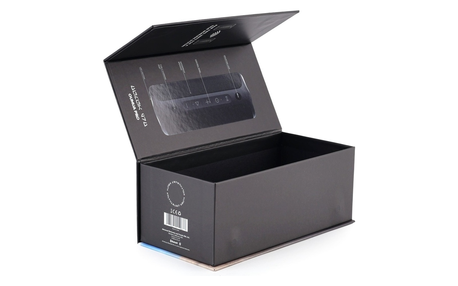 Open black magnetic folding rigid box for electronics packaging