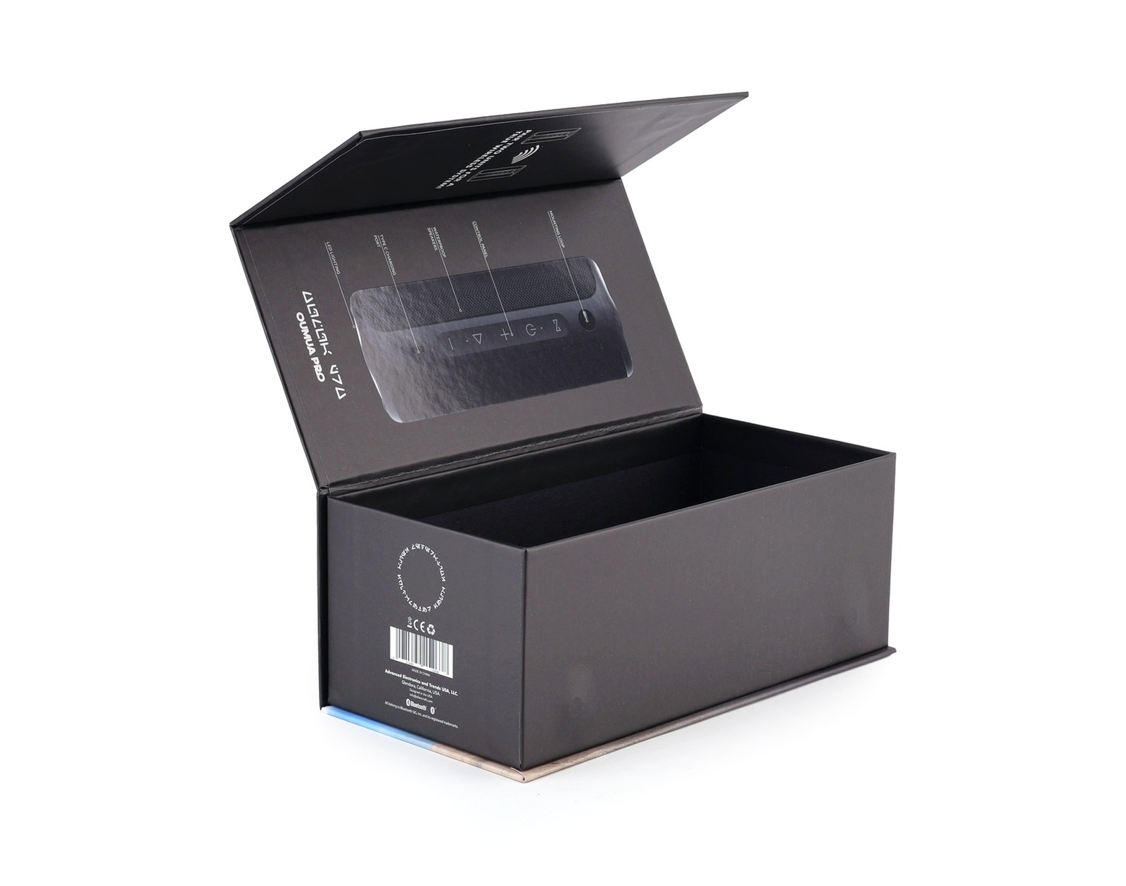 Open black magnetic folding rigid box for electronics packaging