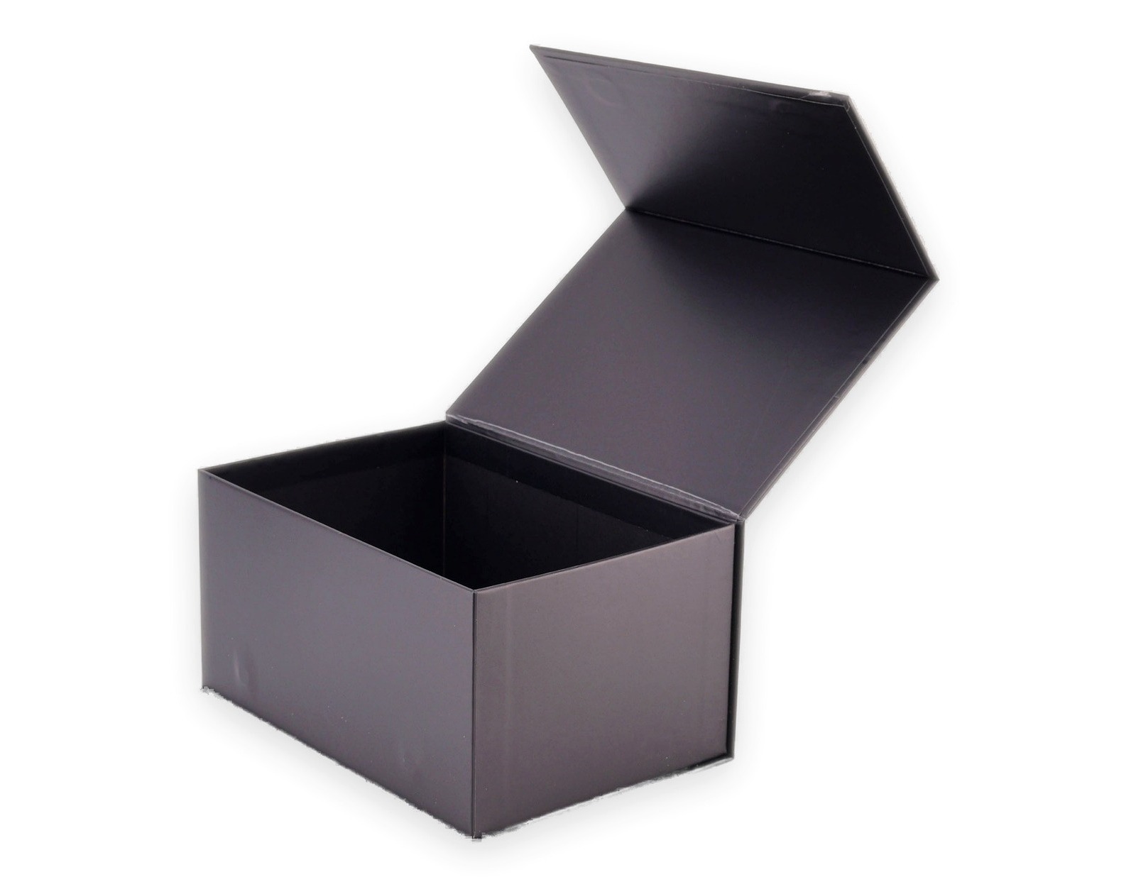 Open black book-style rigid paper box