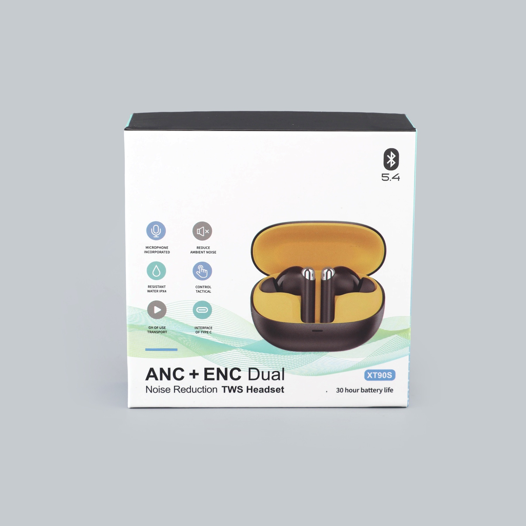 Wireless earbuds lid and base packaging front view