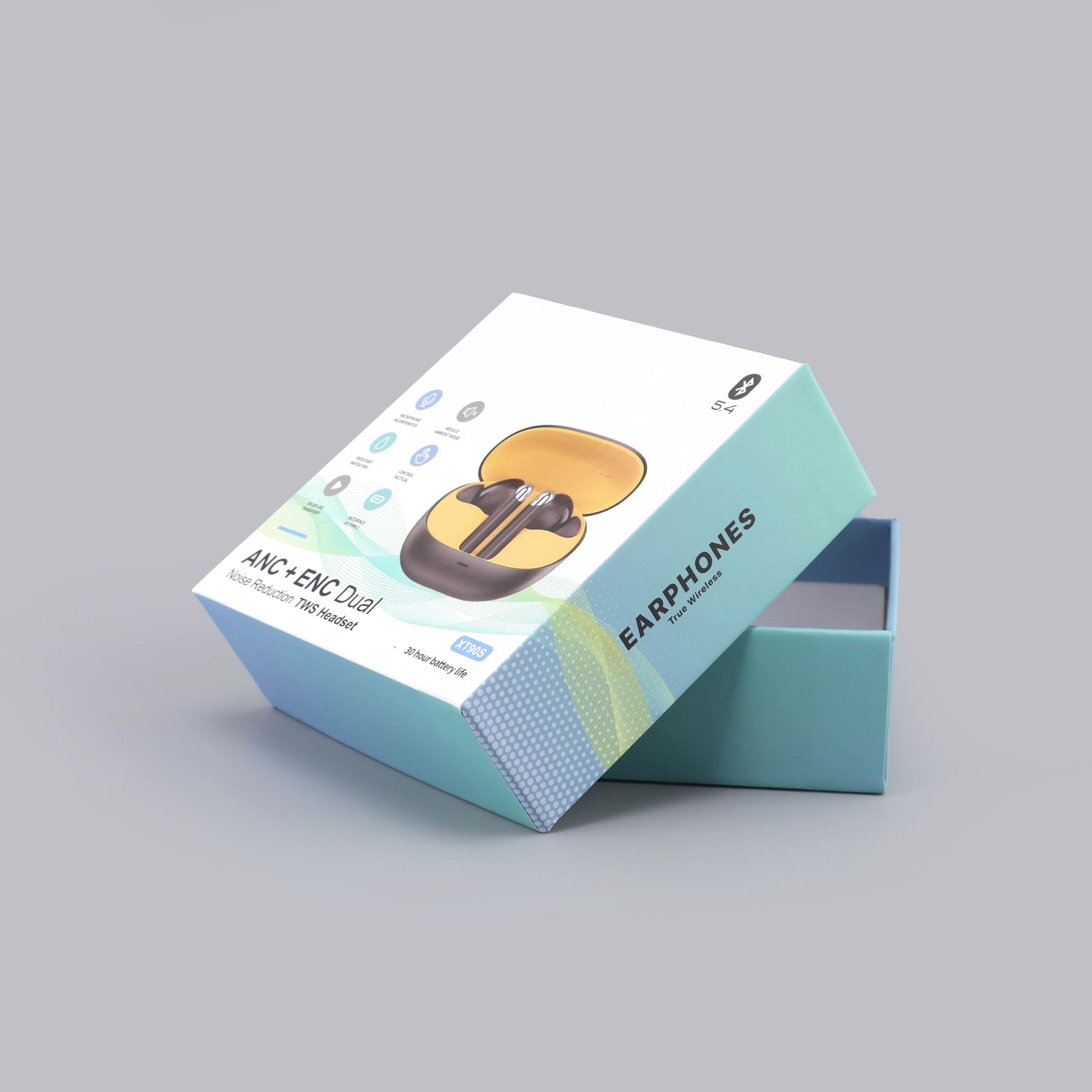 Open wireless earbuds lid and base packaging box