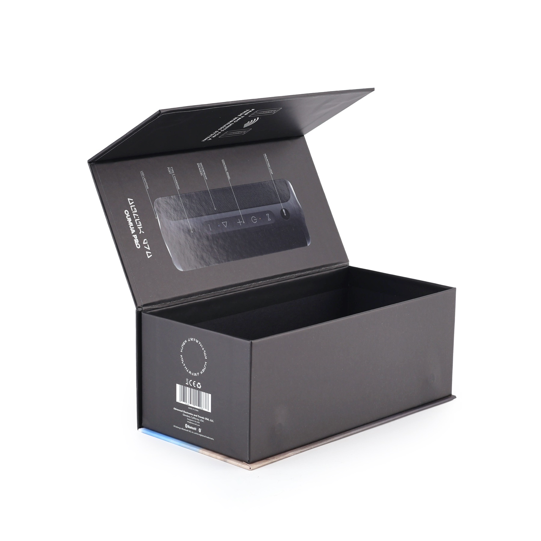 Open book-style magnetic rigid box for consumer goods packaging