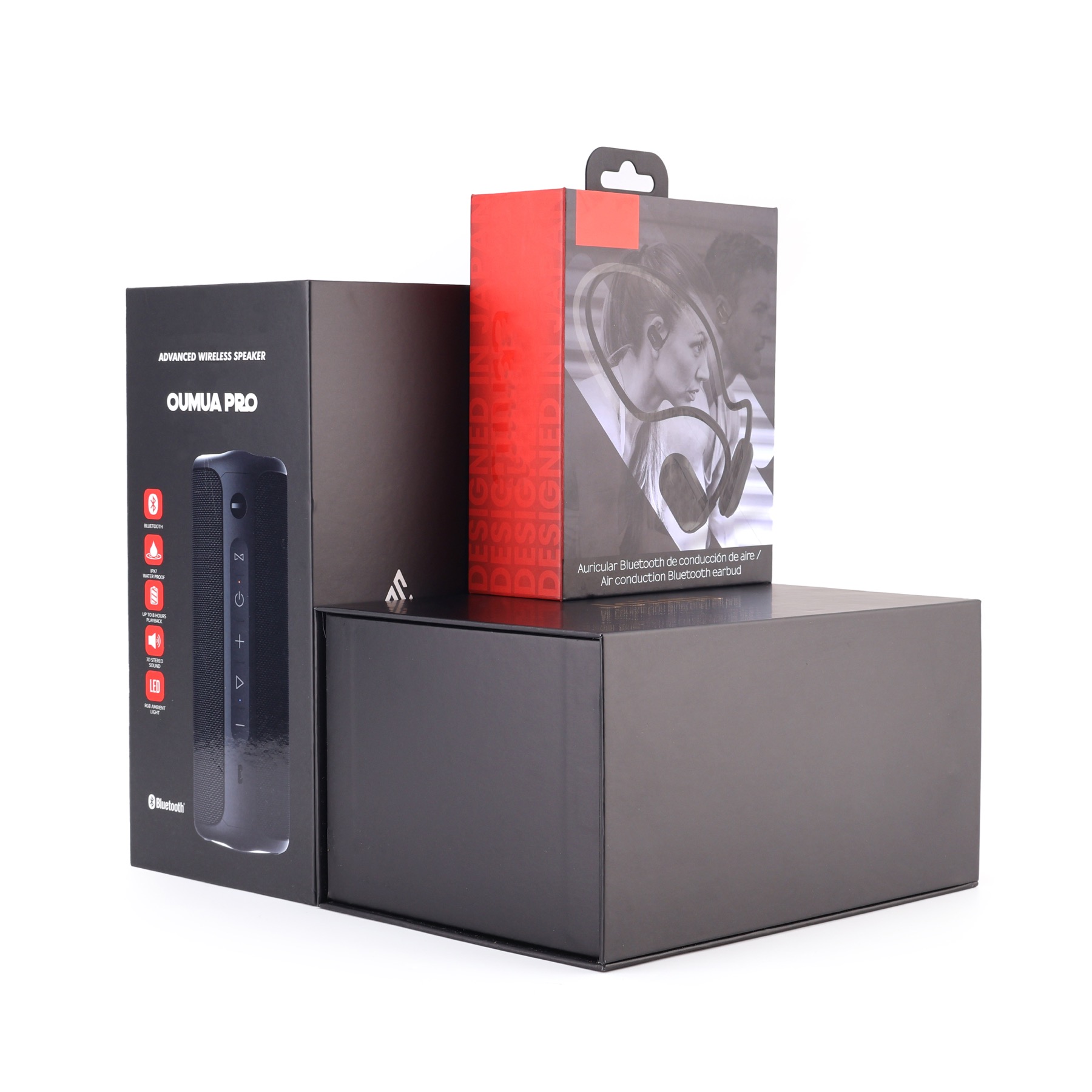 Consumer goods paper packaging set with rigid box and retail cartons